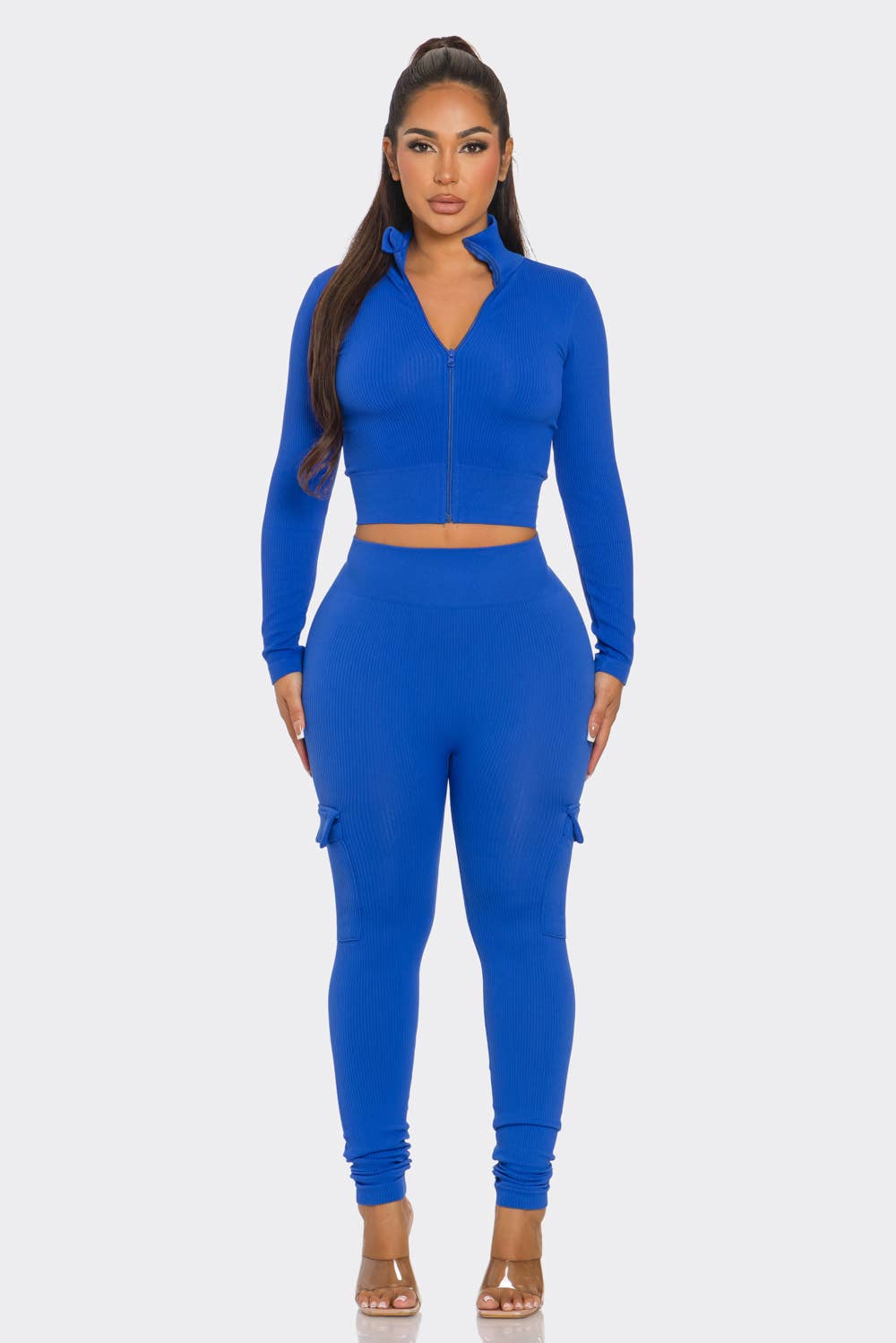 2 Pcs Seamless Zip Up Crop Top and Cargo Legging Set