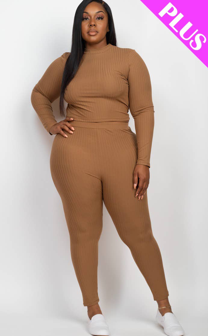 Plus Size Ribbed Mock Neck Long Sleeve Top & Leggings Set
