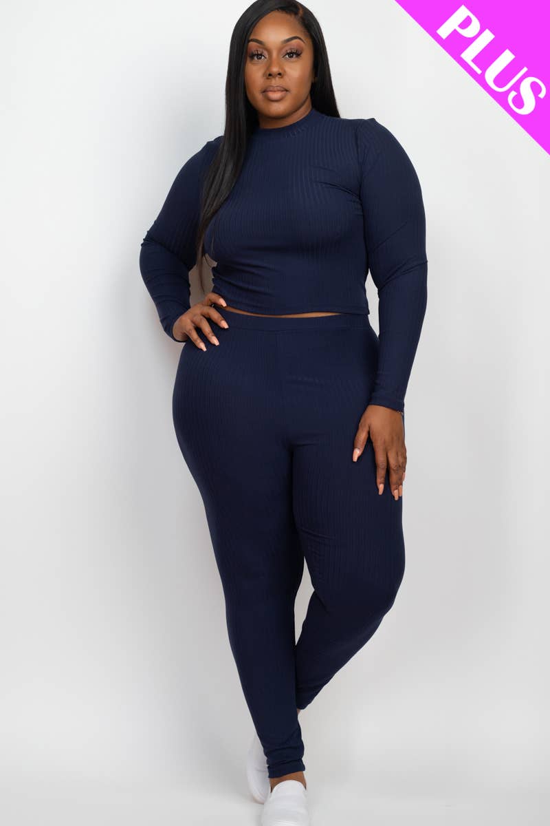 Plus Size Ribbed Mock Neck Long Sleeve Top & Leggings Set