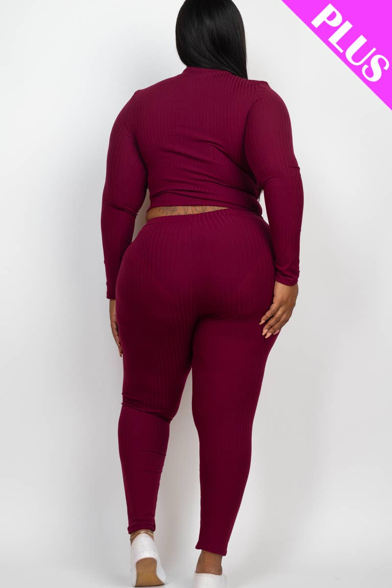 Plus Size Ribbed Mock Neck Long Sleeve Top & Leggings Set