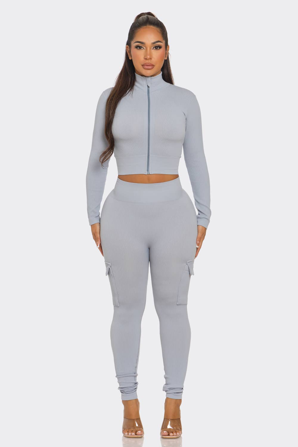 2 Pcs Seamless Zip Up Crop Top and Cargo Legging Set