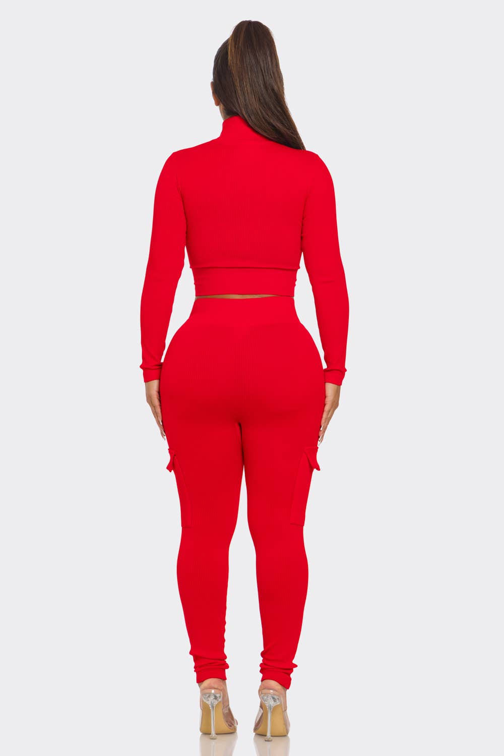 2 Pcs Seamless Zip Up Crop Top and Cargo Legging Set