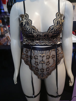 Plus Gold Lace High Waist Garter Set